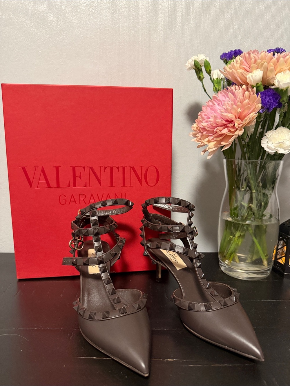 Valentino Brown Leather Pointed Rockstud Strappy Heels